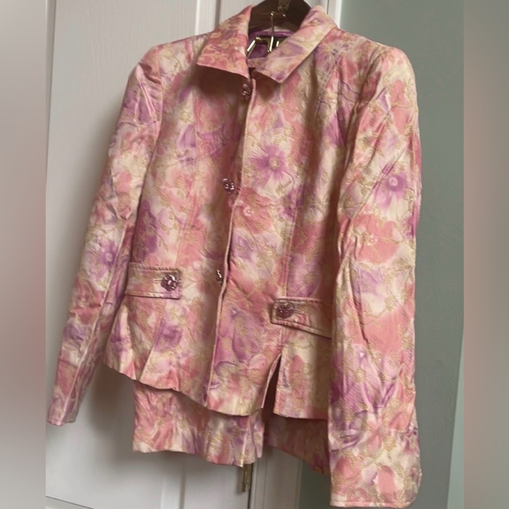 Nipon Boutique Pink Lavender Blush Floral Blazer Jacket and Skirt Suit Set sz8